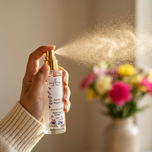 Hand spraying Thistle & Twigs Aurora Bloom rhubarb and plum 100ml luxury home spray mist towards a vase of colourful flowers in a bright room with warm natural light