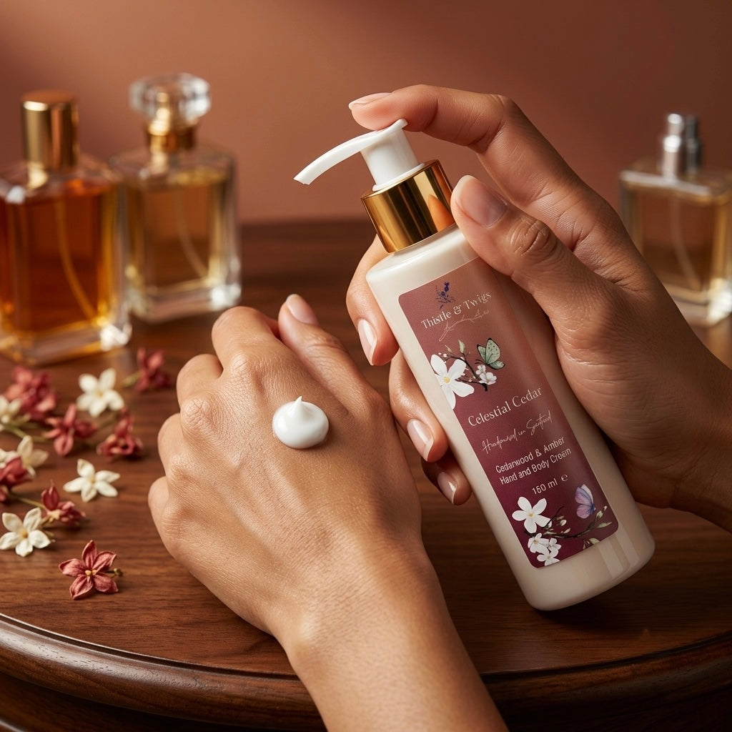 Thistle & Twigs Celestial Cedar 150ml hand and body cream being applied to hands on a wooden vanity table, surrounded by dried botanicals and amber perfume bottles