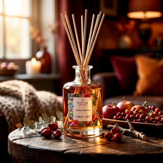 Thistle & Twigs Crimson Harvest reed diffuser on a rustic wooden table beside apples, red berries and foliage, with a lit candle in the background.