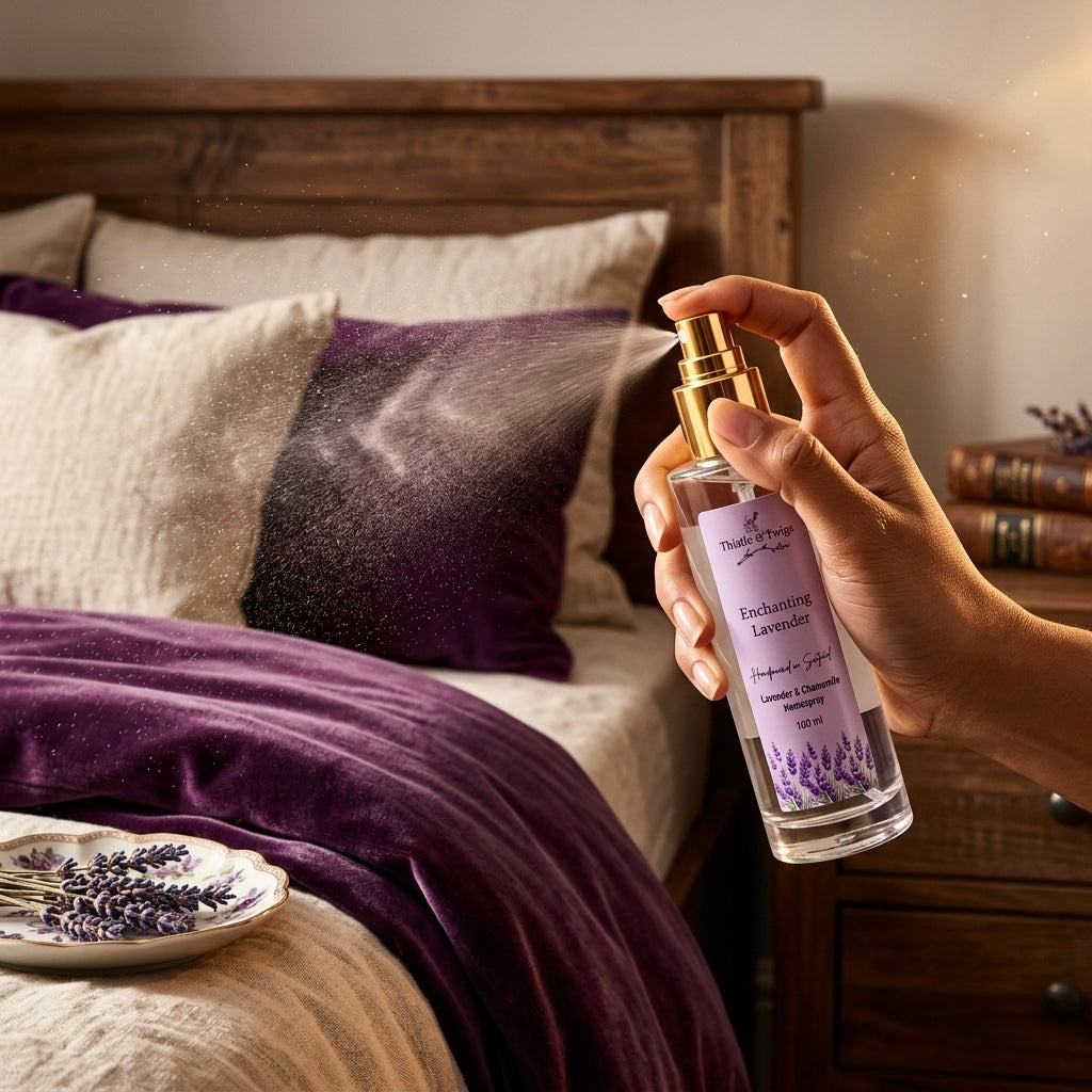 Thistle & Twigs Enchanting Lavender 100ml home spray being misted onto bedroom pillows with purple velvet bedding, lavender sprigs and warm ambient lighting