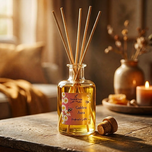 Thistle & Twigs Golden Aura reed diffuser on a sunlit rustic table beside its stopper, with a lit candle and ceramic vase in the background.