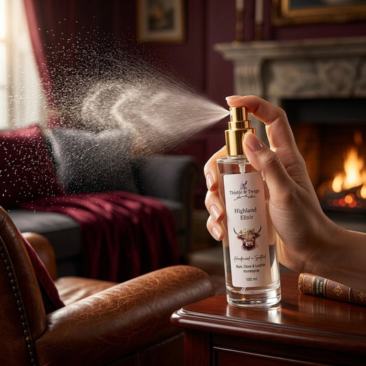 Thistle & Twigs Highland Elixir 100ml home spray being misted in a cosy Scottish study with leather armchair and open fireplace