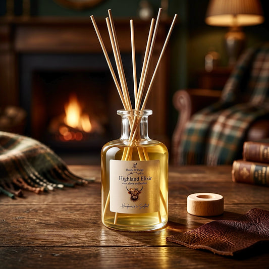 Thistle & Twigs Highland Elixir reed diffuser on a wooden table beside its wooden stopper, with a glowing fireplace and tartan furnishings in the background