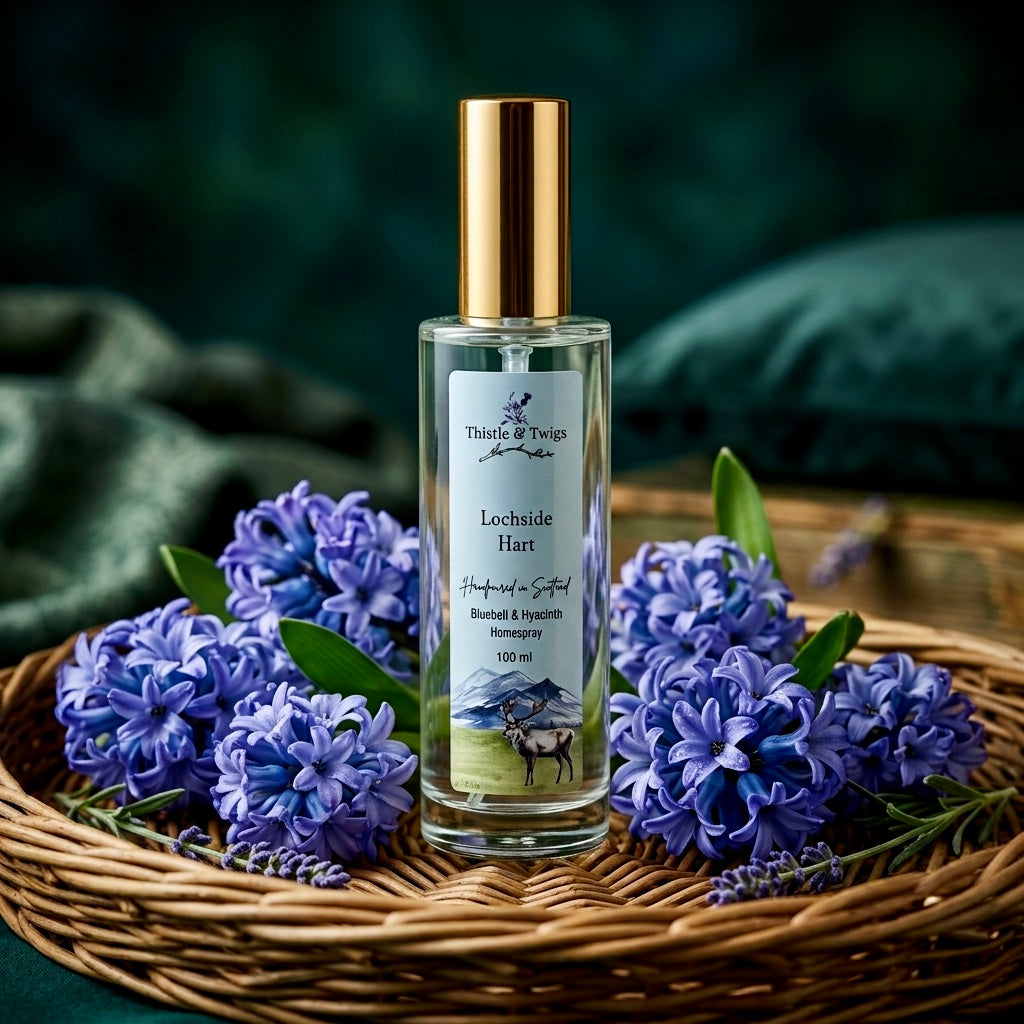 Lochside Hart Luxury Home Spray 100ml by Thistle & Twigs — bluebell and hyacinth room mist nestled among fresh purple hyacinth blooms on a wicker tray