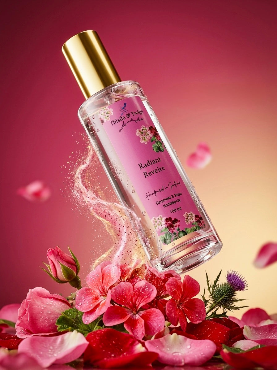 Thistle & Twigs Radiant Reverie 100ml home spray bottle with mist effect, surrounded by rose and geranium blooms on a soft floral background