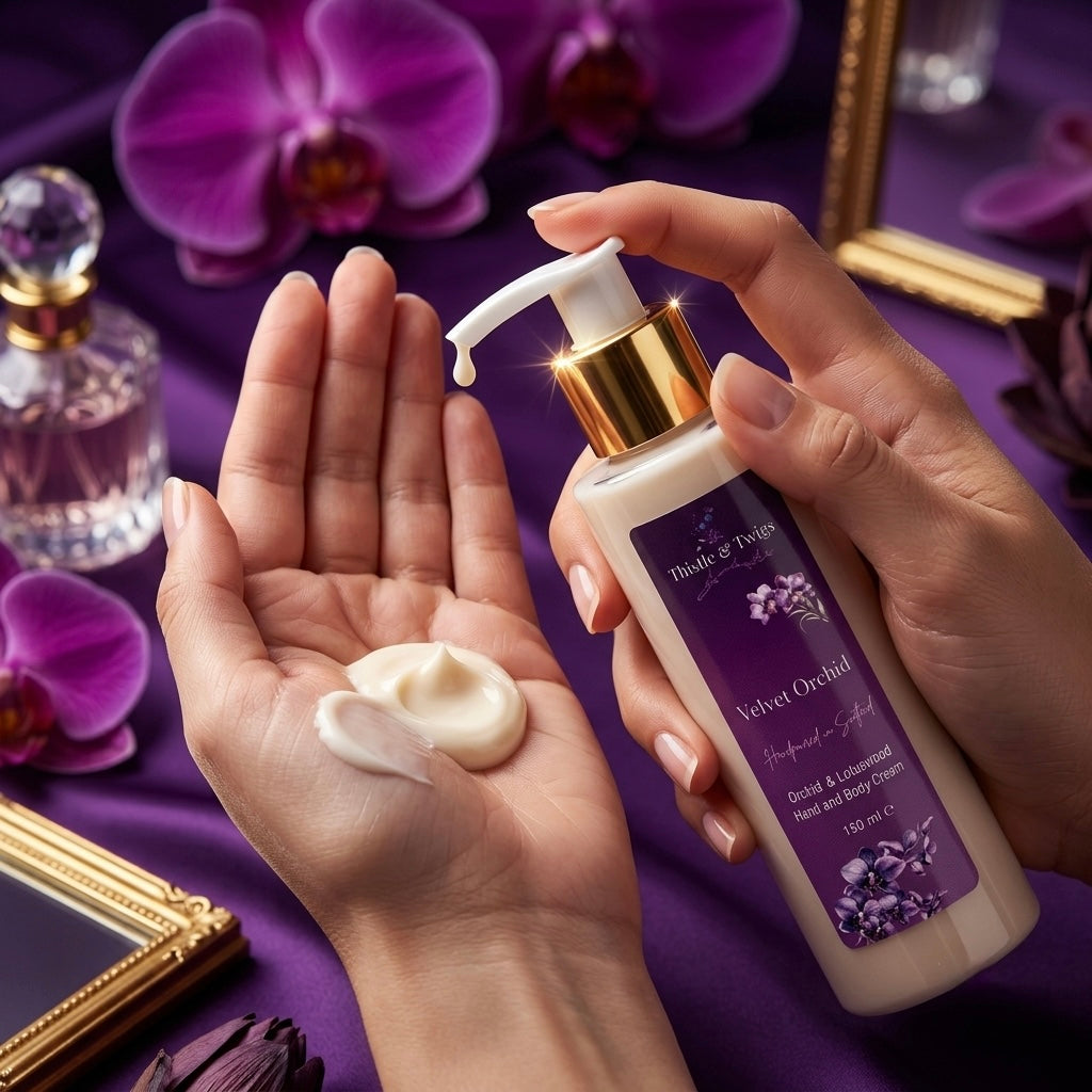 Thistle & Twigs Velvet Orchid 150ml hand and body cream being dispensed onto palm, with purple orchids and gold accents on a luxurious velvet background