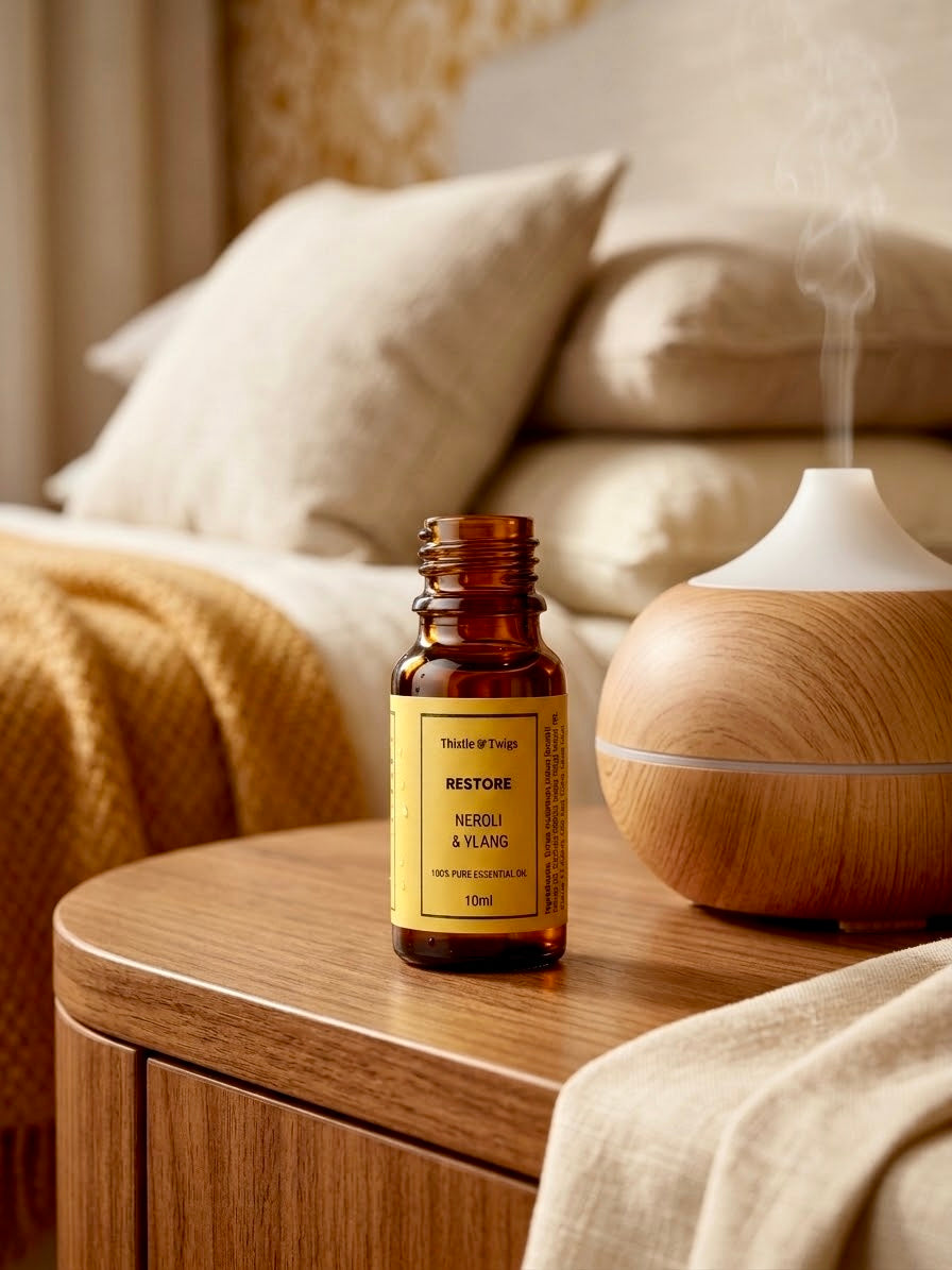 Thistle & Twigs Restore Neroli & Ylang essential oil, 10ml amber bottle beside a misting wood-effect diffuser on a wooden bedside table with cream bedding.