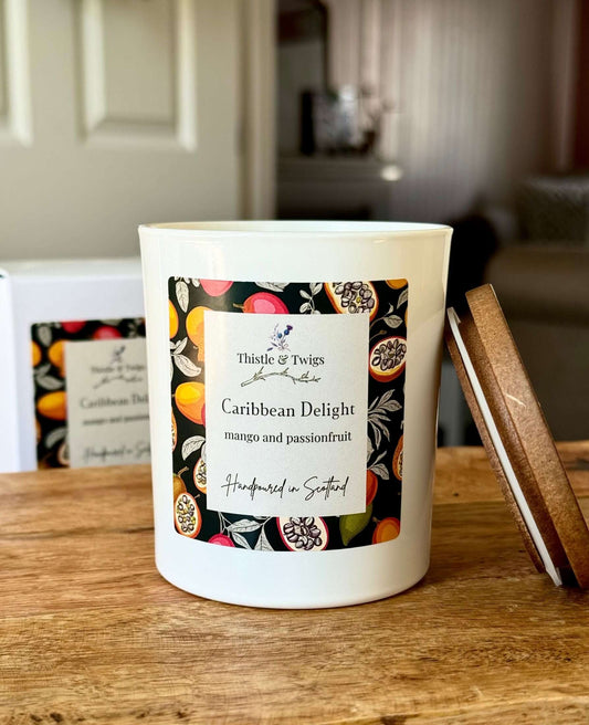 Caribbean Delight Luxury Soy Wax Candle with lid on side