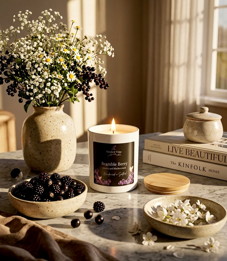 Bramble Berry Luxury Soy Wax Candle by Thistle & Twigs burning on a marble table with blackberries, blackcurrants, wildflowers and lifestyle books in warm natural light