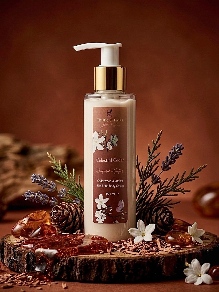 Celestial Cedar Hand and Body Cream 150ml by Thistle & Twigs - cedarwood and amber moisturiser on a wood slice with pine cones, lavender sprigs and white jasmine flowers
