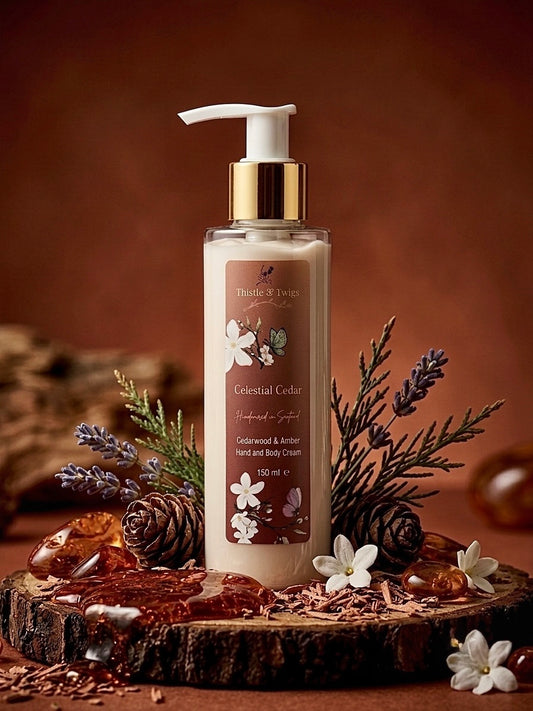Celestial Cedar Hand and Body Cream 150ml by Thistle & Twigs - cedarwood and amber moisturiser on a wood slice with pine cones, lavender sprigs and white jasmine flowers