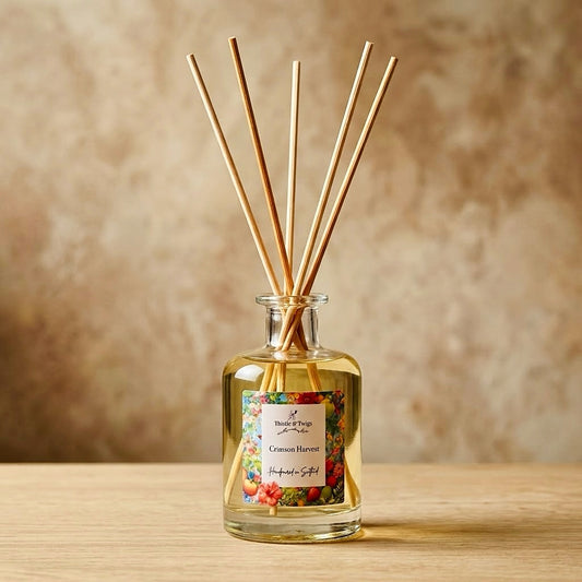Thistle & Twigs Crimson Harvest reed diffuser with natural reeds and a colourful botanical label, on a light wooden surface against a beige background.