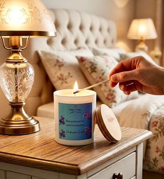 Thistle & Twigs Dreamweaver Soy Wax Natural Candle being lit with a match on a wooden bedside table in a cosy floral bedroom with warm ambient lighting