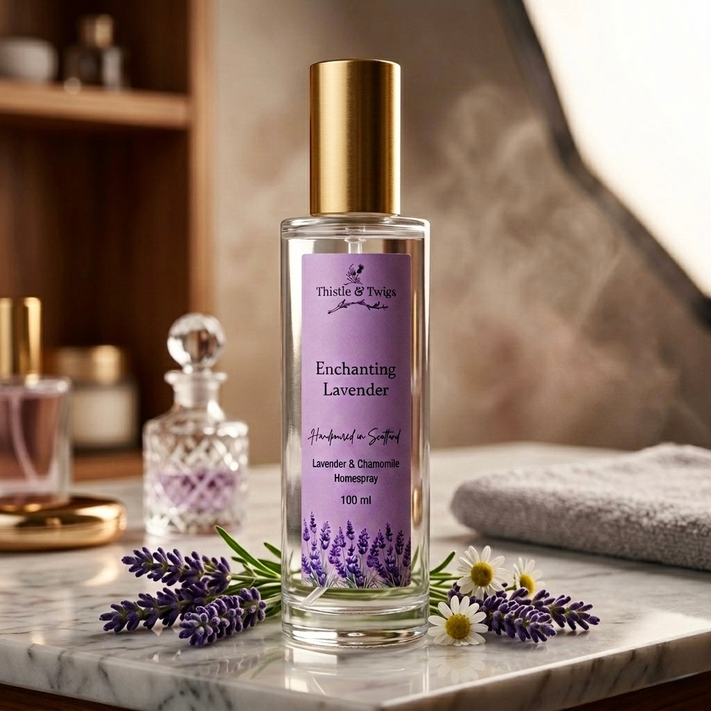 Enchanting Lavender Luxury Home Spray 100ml by Thistle & Twigs — lavender and chamomile room mist on a marble surface with fresh lavender sprigs and chamomile flowers