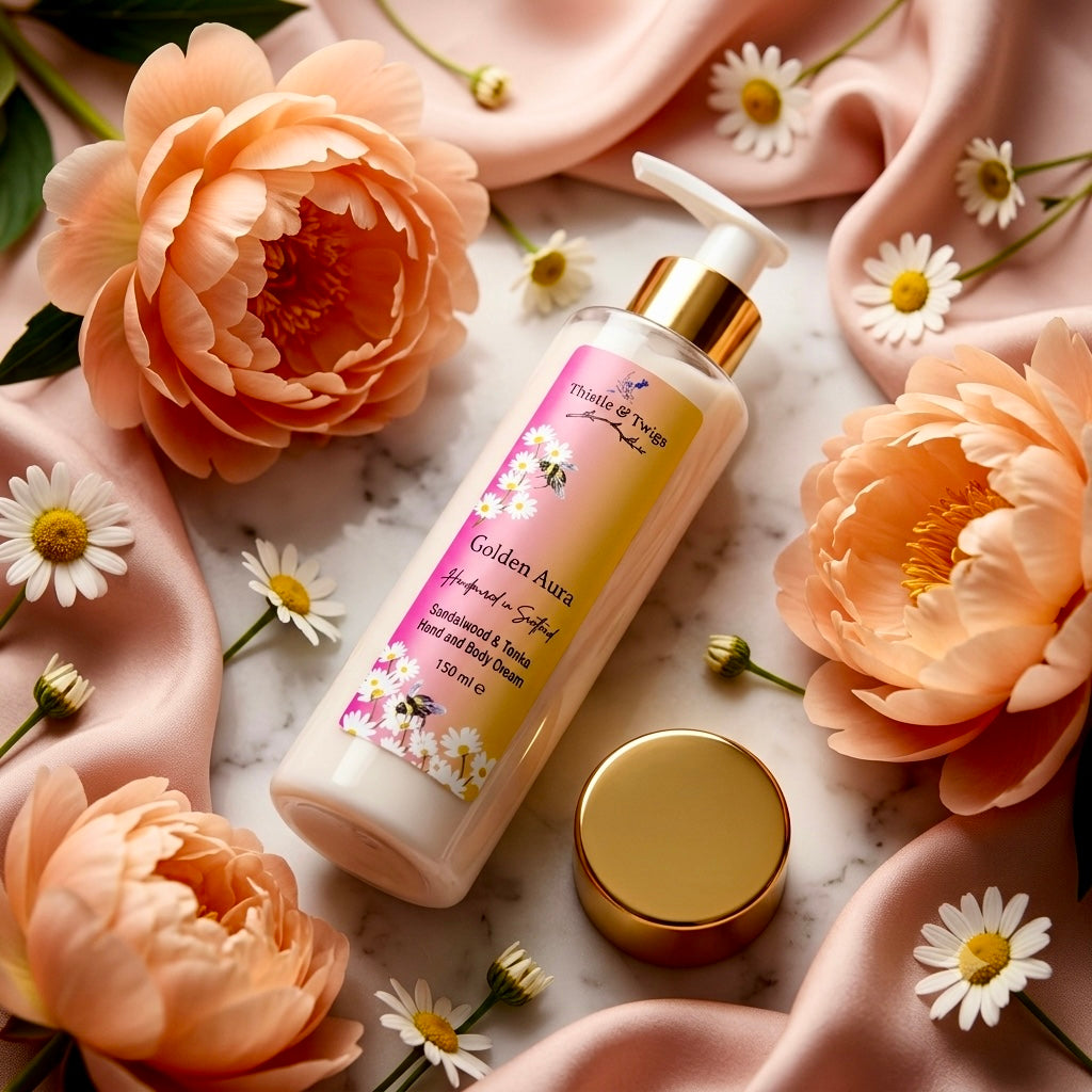 Golden Aura Sandalwood and Tonka Hand and Body Cream 150ml by Thistle & Twigs on a wooden bedside table with warm bedroom lighting and gold jewellery, handpoured in Scotland