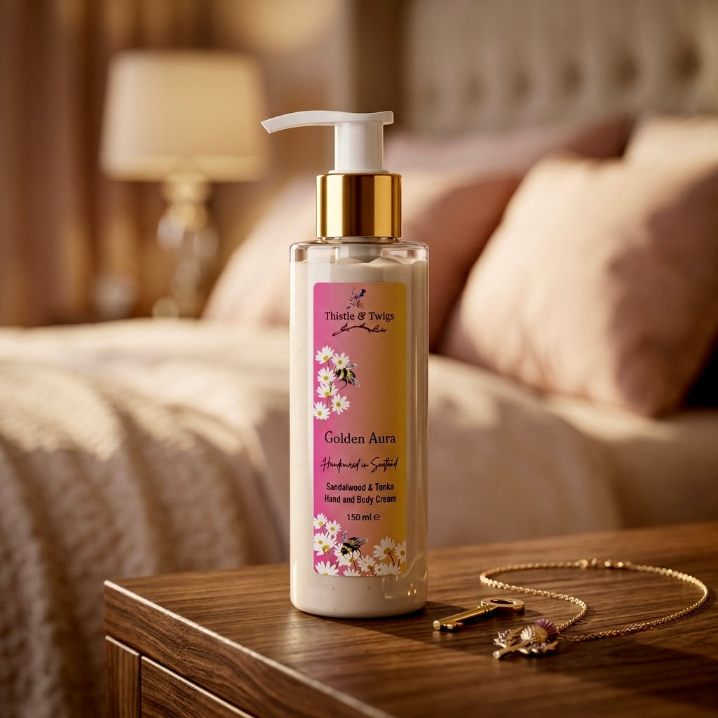 Golden Aura Sandalwood and Tonka Hand and Body Cream 150ml by Thistle & Twigs on a wooden bedside table with warm bedroom lighting and gold jewellery, handpoured in Scotland