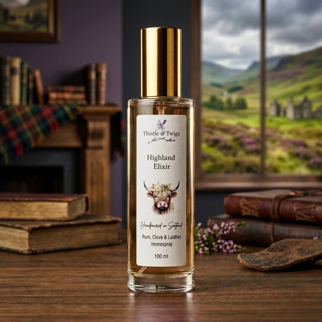 Highland Elixir Luxury Home Spray 100ml by Thistle & Twigs - rum, clove and leather room mist on a wooden desk with Scottish Highland view, tartan and antique books