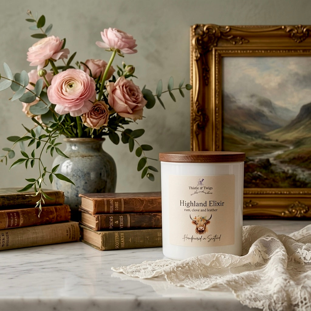 Highland Elixir Soy Wax Natural Candle by Thistle & Twigs on a marble surface with pink ranunculus, antique Scottish books and a Highland landscape painting in a warm elegant setting