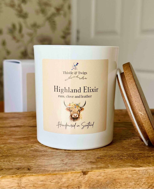 Highland Elixir soy wax natural candle with wooden lid