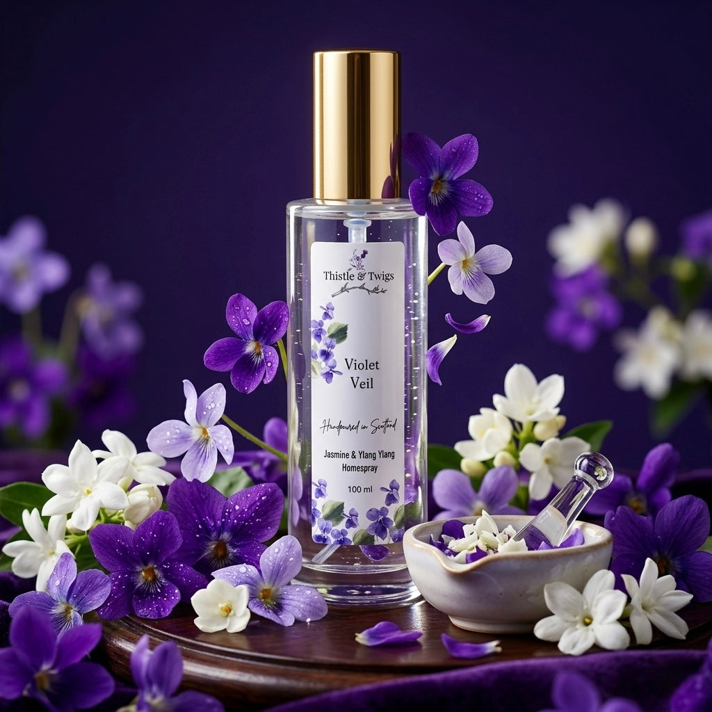 Violet Veil Luxury Home Spray 100ml by Thistle & Twigs - jasmine and ylang ylang room mist surrounded by violet and white jasmine blooms on a dark purple background