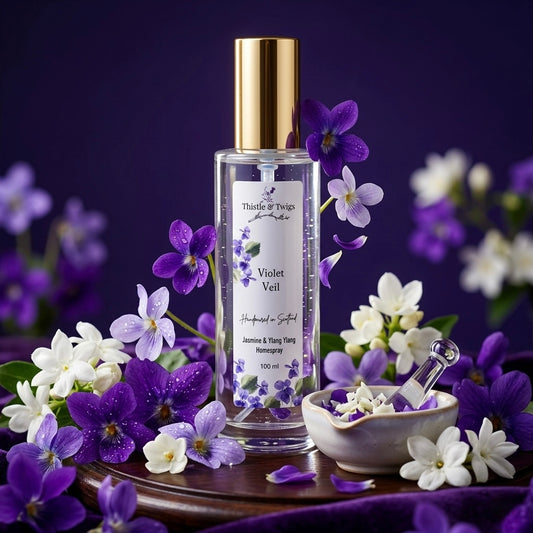 Violet Veil Luxury Home Spray 100ml by Thistle & Twigs - jasmine and ylang ylang room mist surrounded by violet and white jasmine blooms on a dark purple background