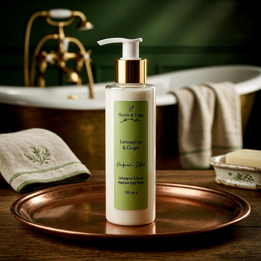 Lemongrass & Ginger Hand and Body Cream 150ml by Thistle & Twigs on a copper tray beside a freestanding copper bath with gold taps and linen towels, handpoured in Scotland