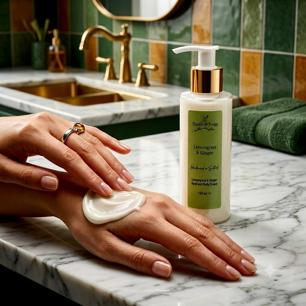 Thistle & Twigs Lemongrass & Ginger 150ml hand and body cream being applied to hands on a green marble bathroom counter with gold taps and emerald green towels