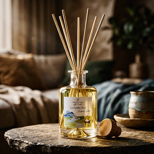 Thistle & Twigs Lochside Hart reed diffuser on a rustic wooden table beside its wooden stopper and a ceramic cup, with soft furnishings in the background.