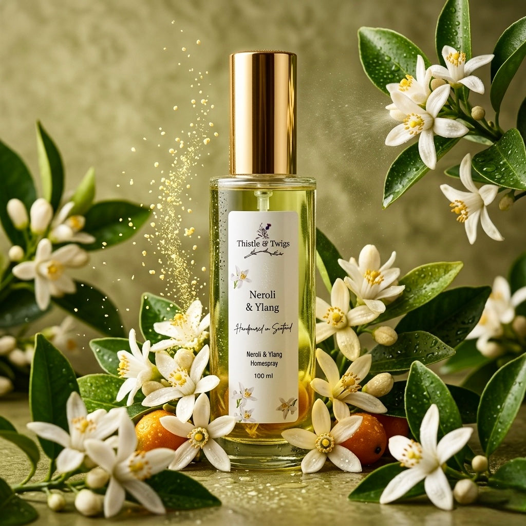 Neroli & Ylang Luxury Home Spray 100ml by Thistle & Twigs - natural room mist with neroli, ylang ylang flowers and orange fruit botanicals on a green background