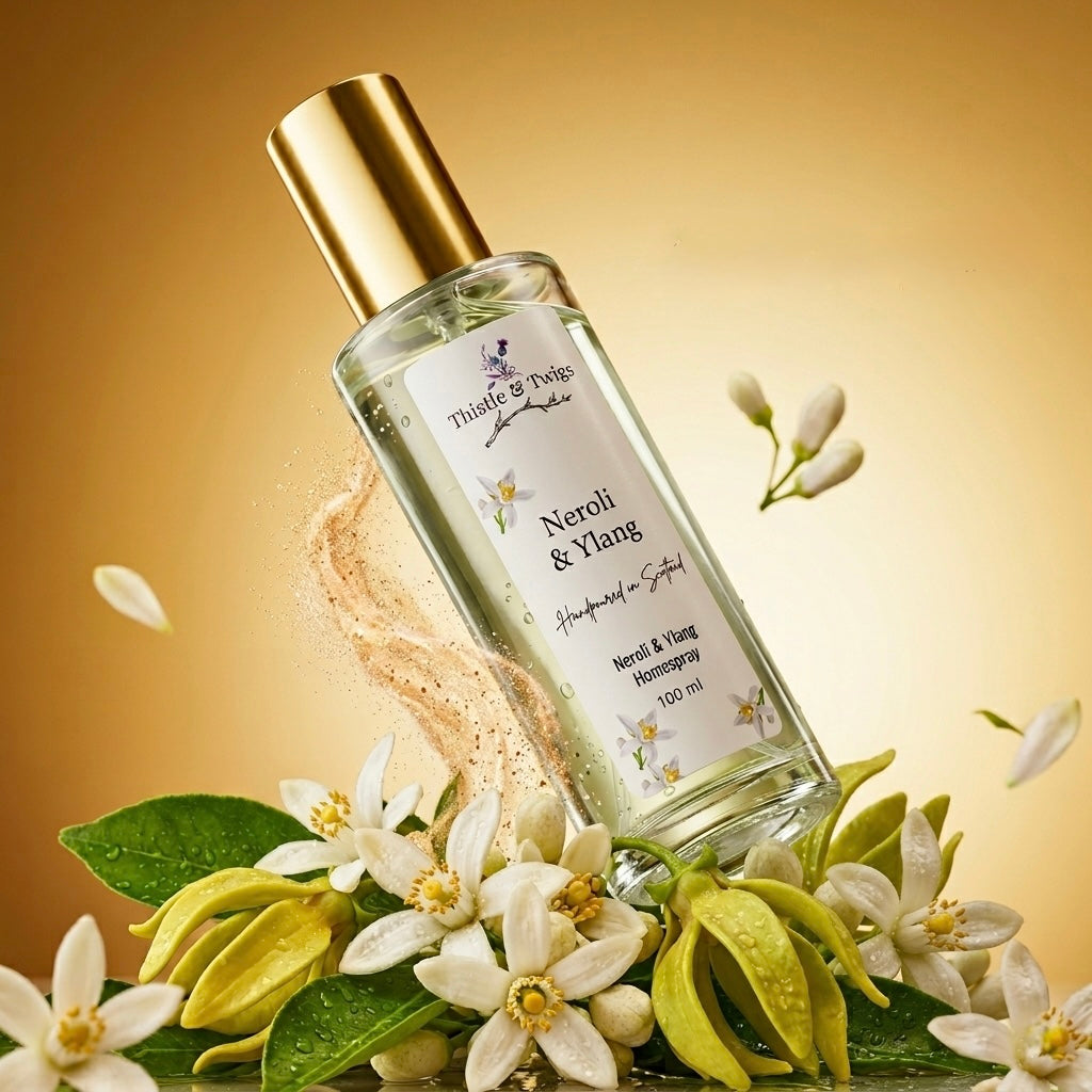 Thistle & Twigs Neroli & Ylang 100ml home spray bottle with golden mist effect, surrounded by white neroli and ylang ylang blooms on a warm golden background