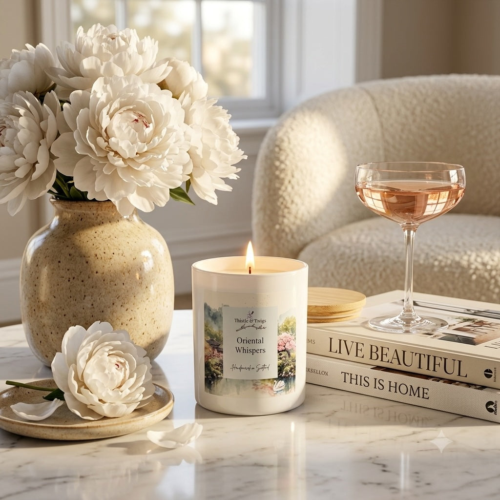 Oriental Whispers Soy Wax Candle by Thistle & Twigs burning on a marble coffee table with white peonies, a glass of rosé and lifestyle books in a bright elegant living room