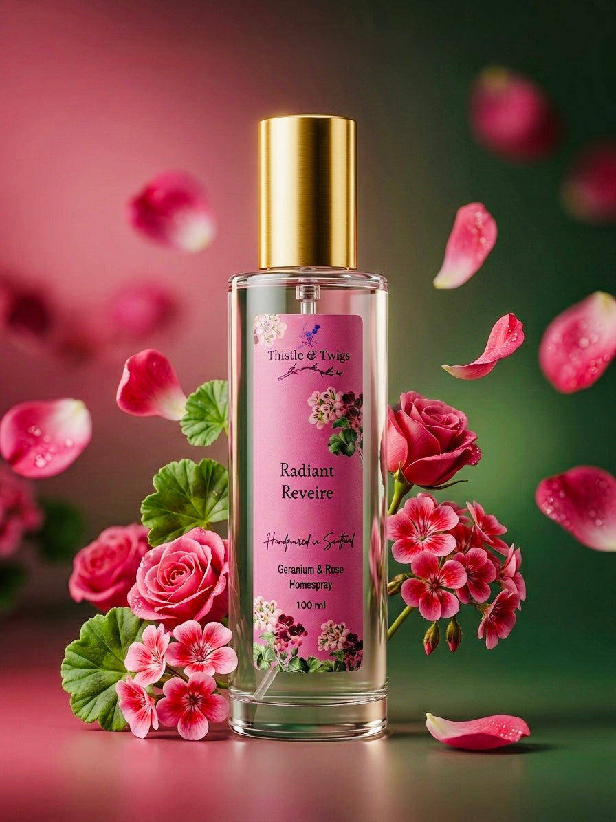 Radiant Reverie Luxury Home Spray 100ml by Thistle & Twigs - peony, geranium and rose room mist with floating petals and fresh botanicals on a green background