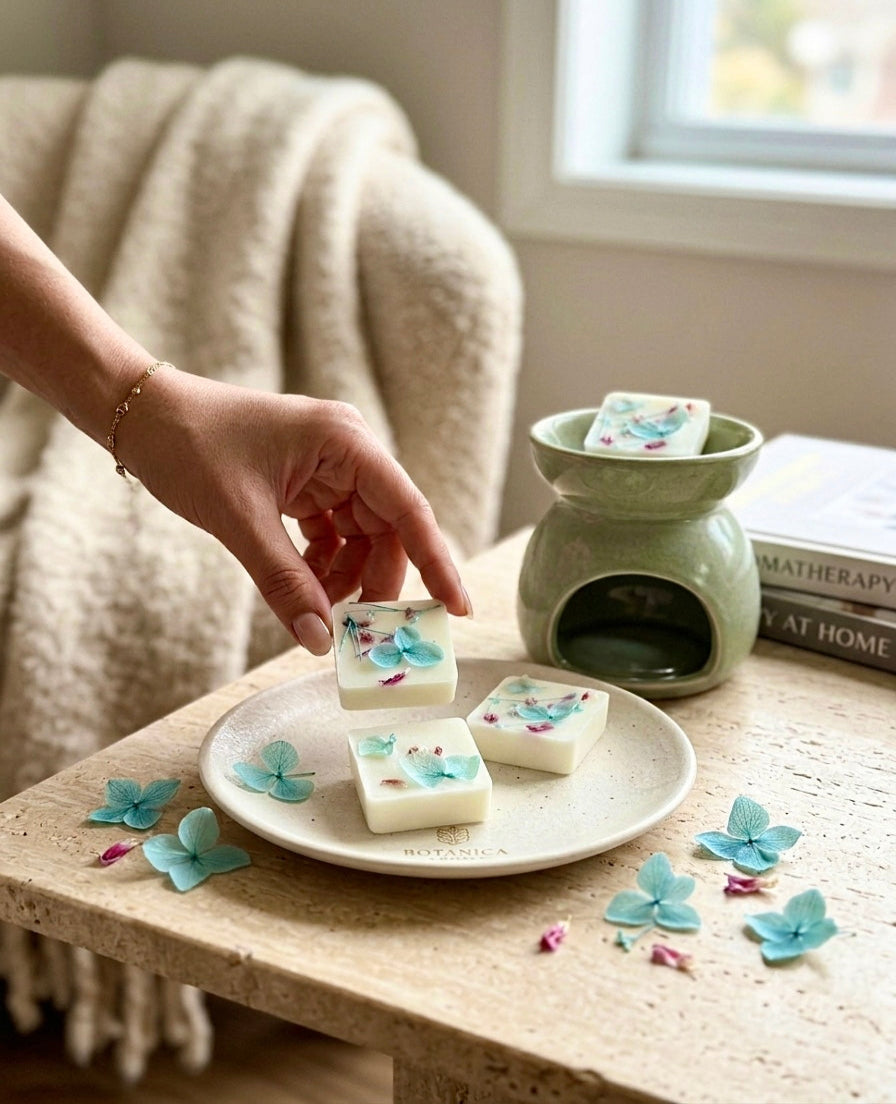 Hand placing a Thistle & Twigs Tonka Botanical Soy Wax Melt into a green ceramic wax burner on a stone side table with blue hydrangea petals, a cream throw and aromatherapy books in a cosy living room