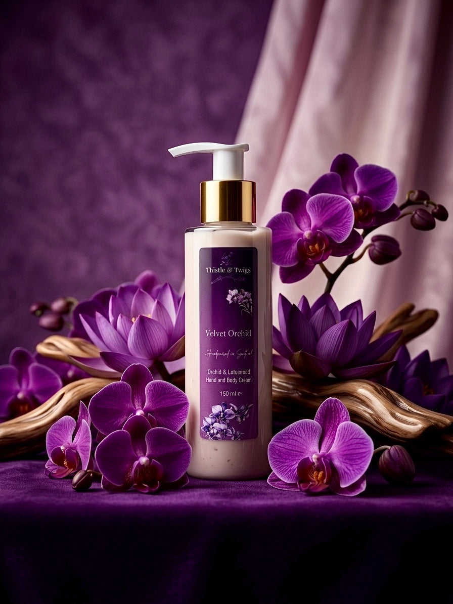 Velvet Orchid Hand and Body Cream 150ml by Thistle & Twigs — orchid and lotuwood moisturiser surrounded by purple orchid blooms and driftwood on a velvet background