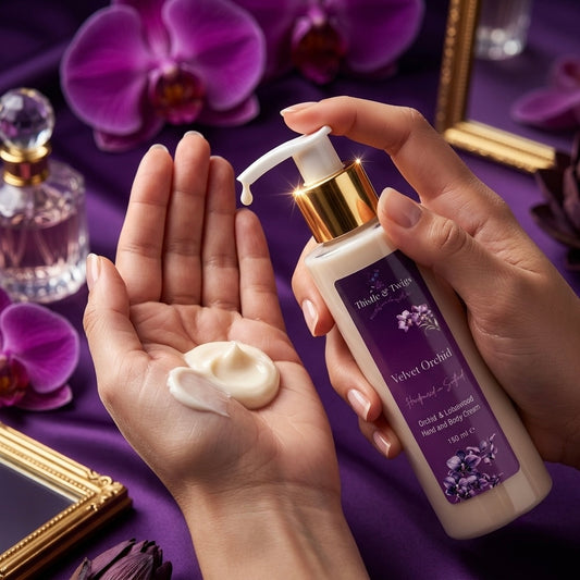 Thistle & Twigs Velvet Orchid 150ml hand and body cream being dispensed onto palm, with purple orchids and gold accents on a luxurious velvet background
