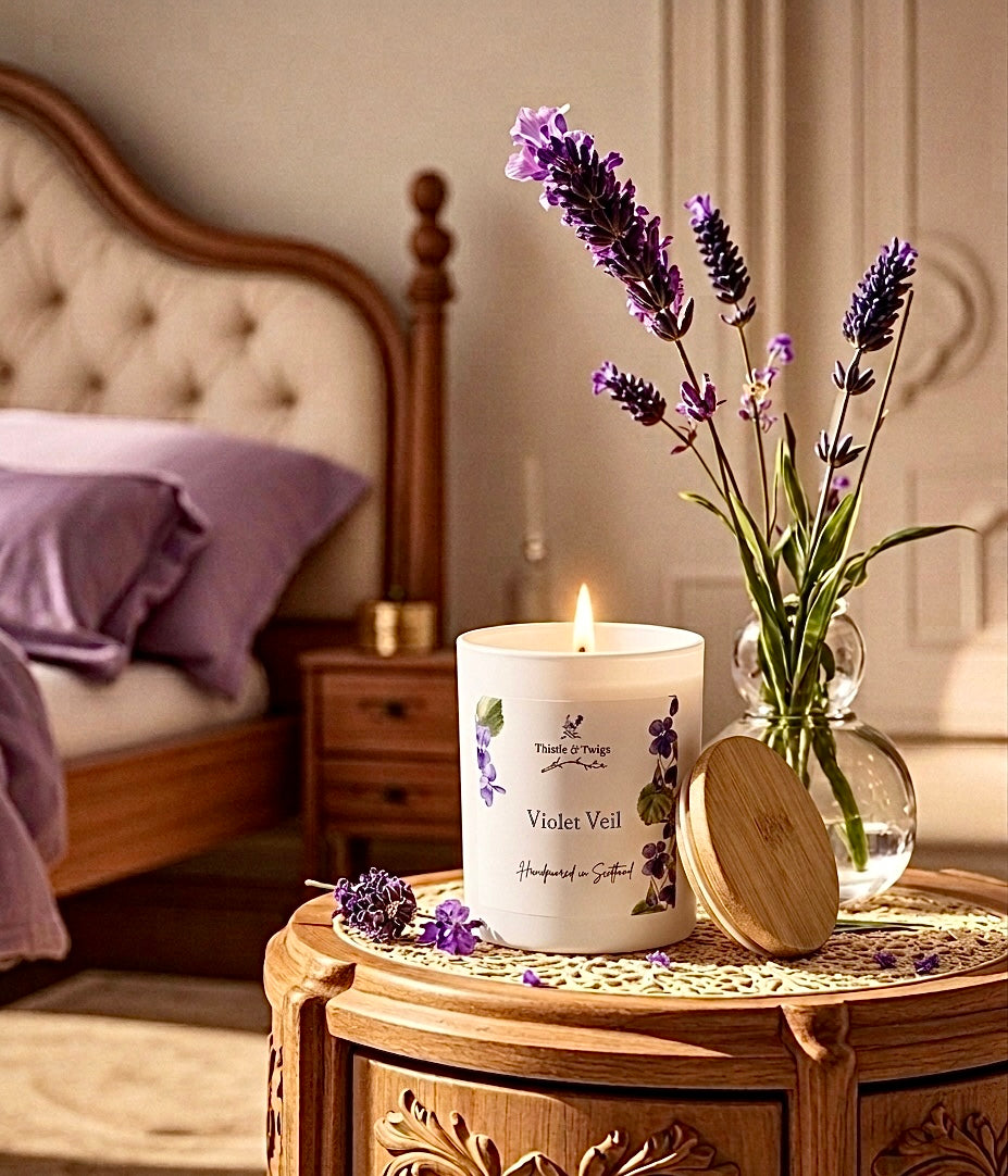 Thistle & Twigs Violet Veil luxury soy wax candle burning on a carved wooden bedside table with fresh lavender stems in a glass vase and purple silk bedding in a warm elegant bedroom