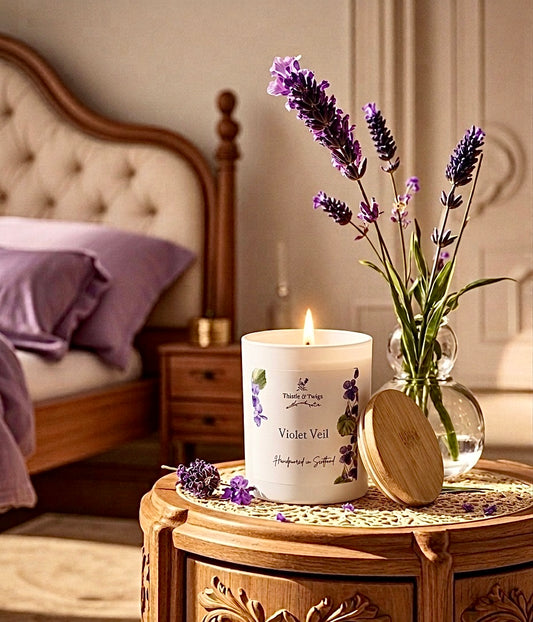 Thistle & Twigs Violet Veil luxury soy wax candle burning on a carved wooden bedside table with fresh lavender stems in a glass vase and purple silk bedding in a warm elegant bedroom